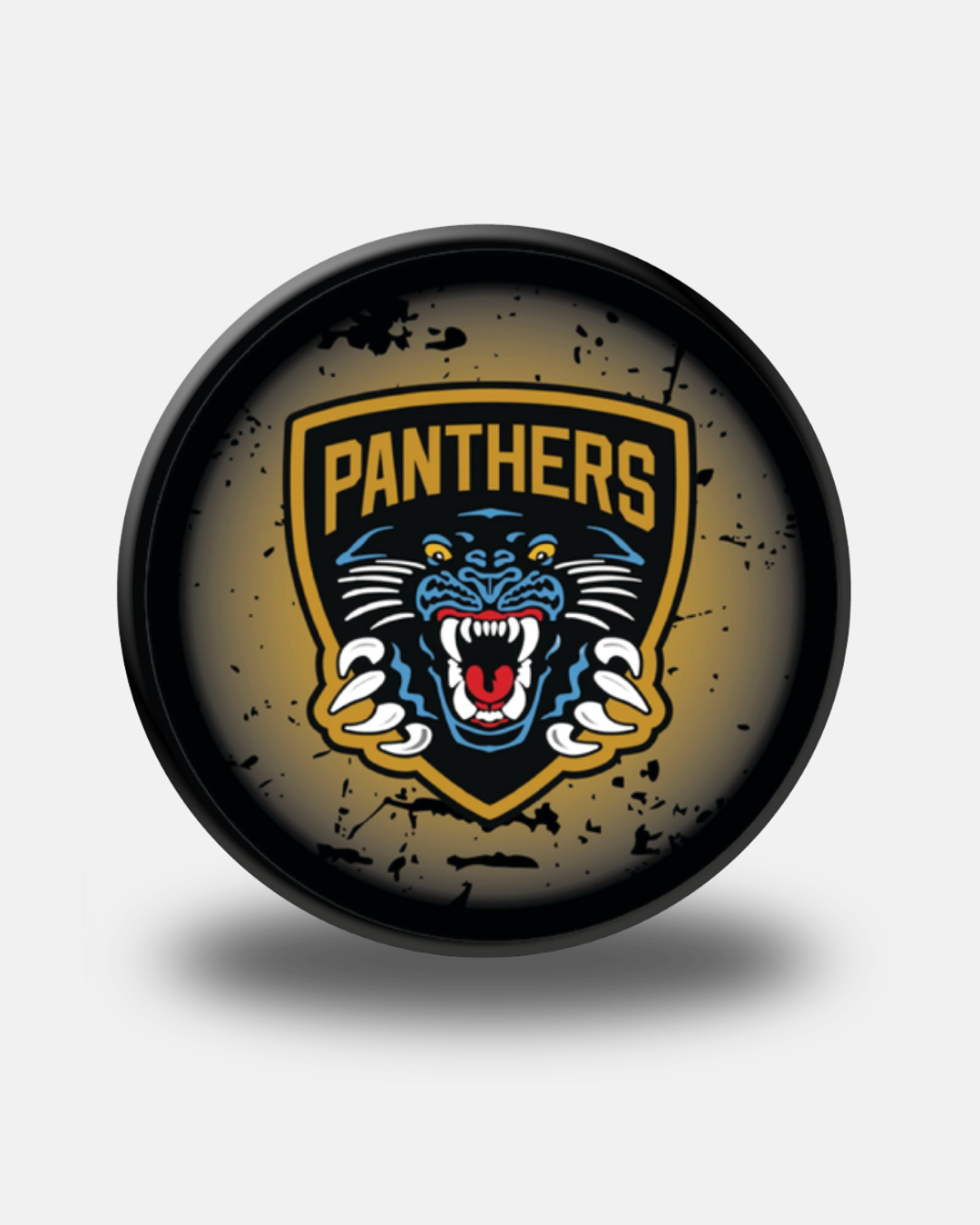 Show off your team pride with the Panthersland Nottingham Panthers 26-27 Speckle Puck, featuring a snarling panther logo with "PANTHERS" text above, set against a distressed yellow and black background.