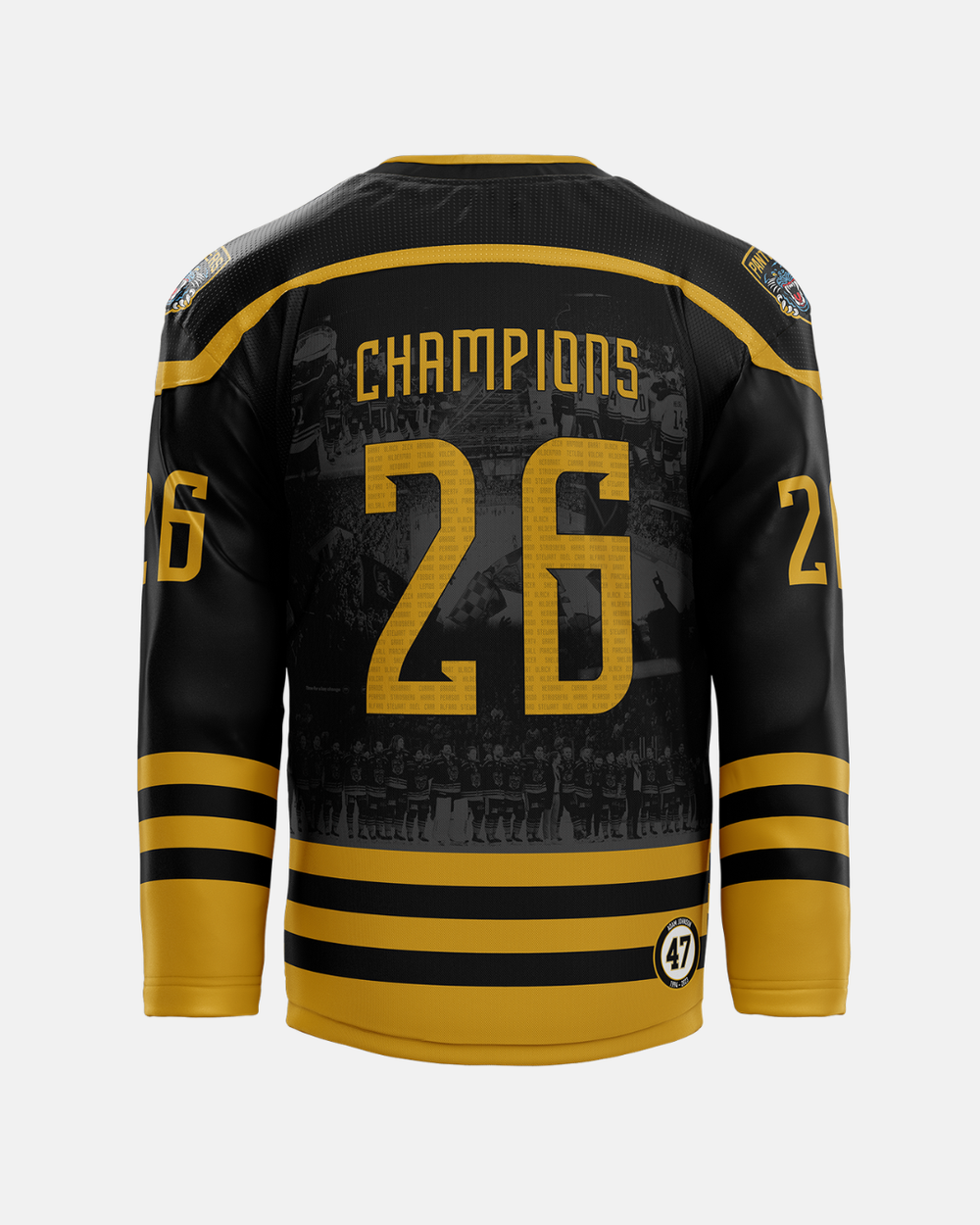 The Nottingham Panthers 2025/26 Classic Replica Double Champions Jersey in black and gold displays "CHAMPIONS" and number 26 on the back, with subtle team photos in the background—echoing their iconic look.