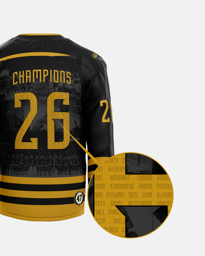 The Nottingham Panthers 2025/26 Classic Replica Double Champions Jersey features black and gold colors, CHAMPIONS and number 26 on the back, player names in gold, a faded celebration, and a magnified highlight—an essential fan keepsake.