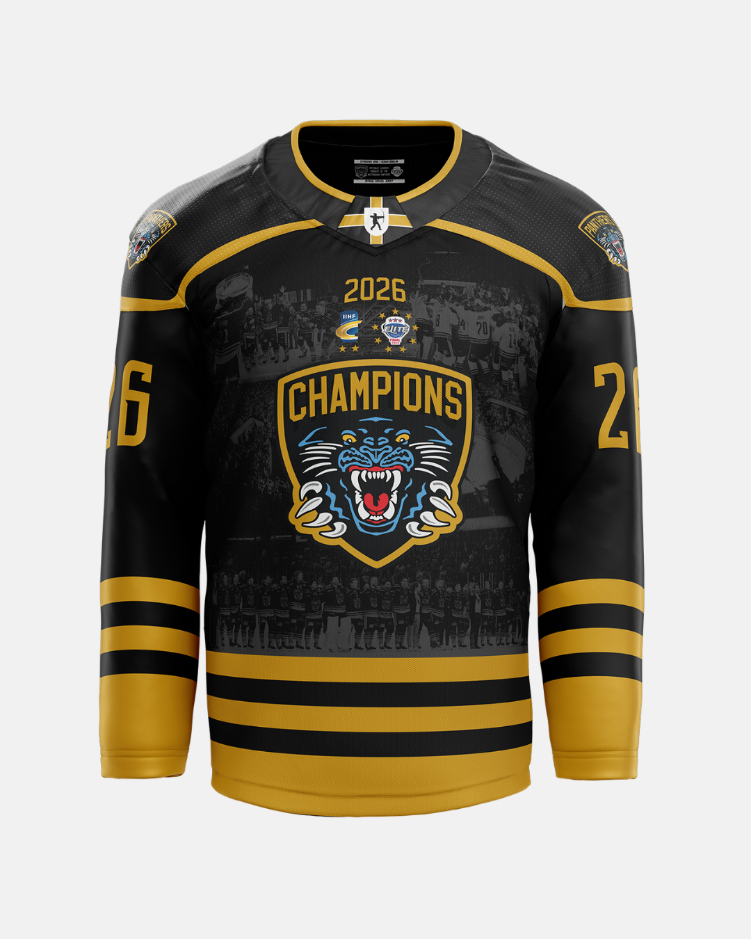 The Nottingham Panthers 2025/26 Classic Replica Double Champions Jersey features a black and gold design with "CHAMPIONS," a roaring panther logo, "2026" above, gold stripes, and number 26 on both sleeves—ideal for jersey collectors.