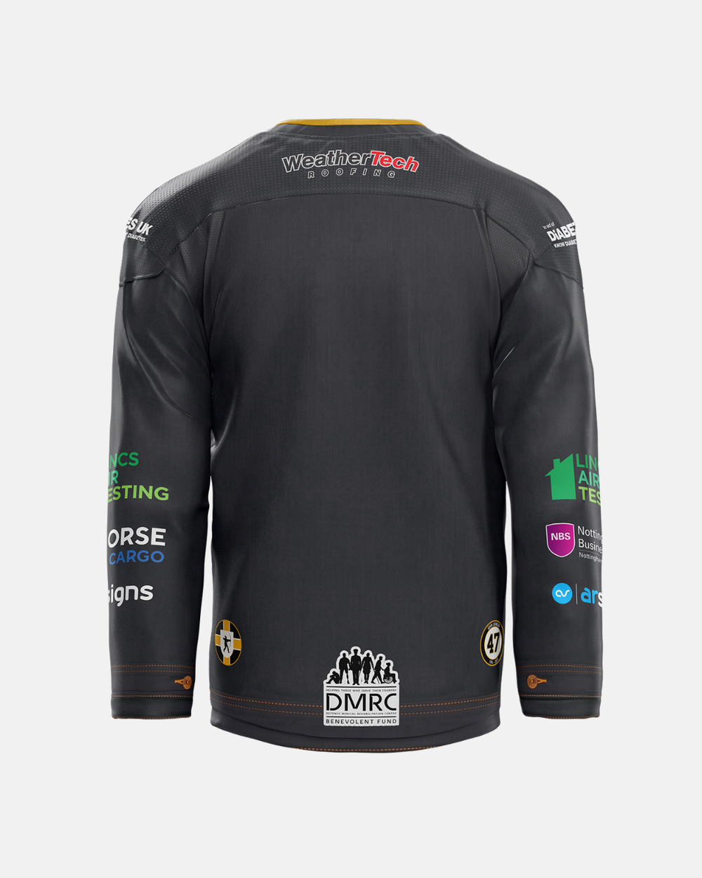 Back view of The Nottingham Panthers 2026/27 Classic Replica Country Night Jersey in black, featuring multiple sponsor logos on the shoulders, sleeves, and lower back, displayed against a plain white background—an online exclusive from the latest jerseys collection.