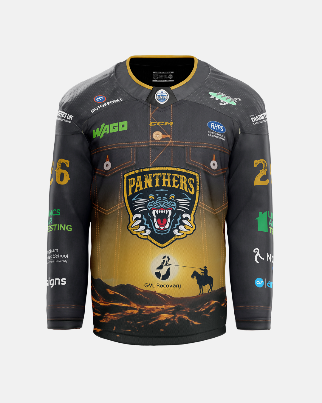 The Nottingham Panthers 2026/27 Classic Team Replica Country Night Jersey features a roaring panther logo, bold yellow “Panthers” text, the number 26, sponsor logos, and a striking silhouette of a cowboy riding a horse against a sunset—delivering fans an authentic look inspired by the official 2026/27 team jerseys.