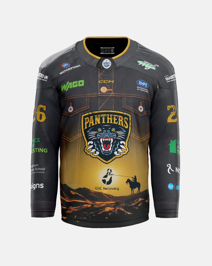 The Nottingham Panthers 2026/27 Classic Team Replica Country Night Jersey features a roaring panther logo, bold yellow “Panthers” text, the number 26, sponsor logos, and a striking silhouette of a cowboy riding a horse against a sunset—delivering fans an authentic look inspired by the official 2026/27 team jerseys.