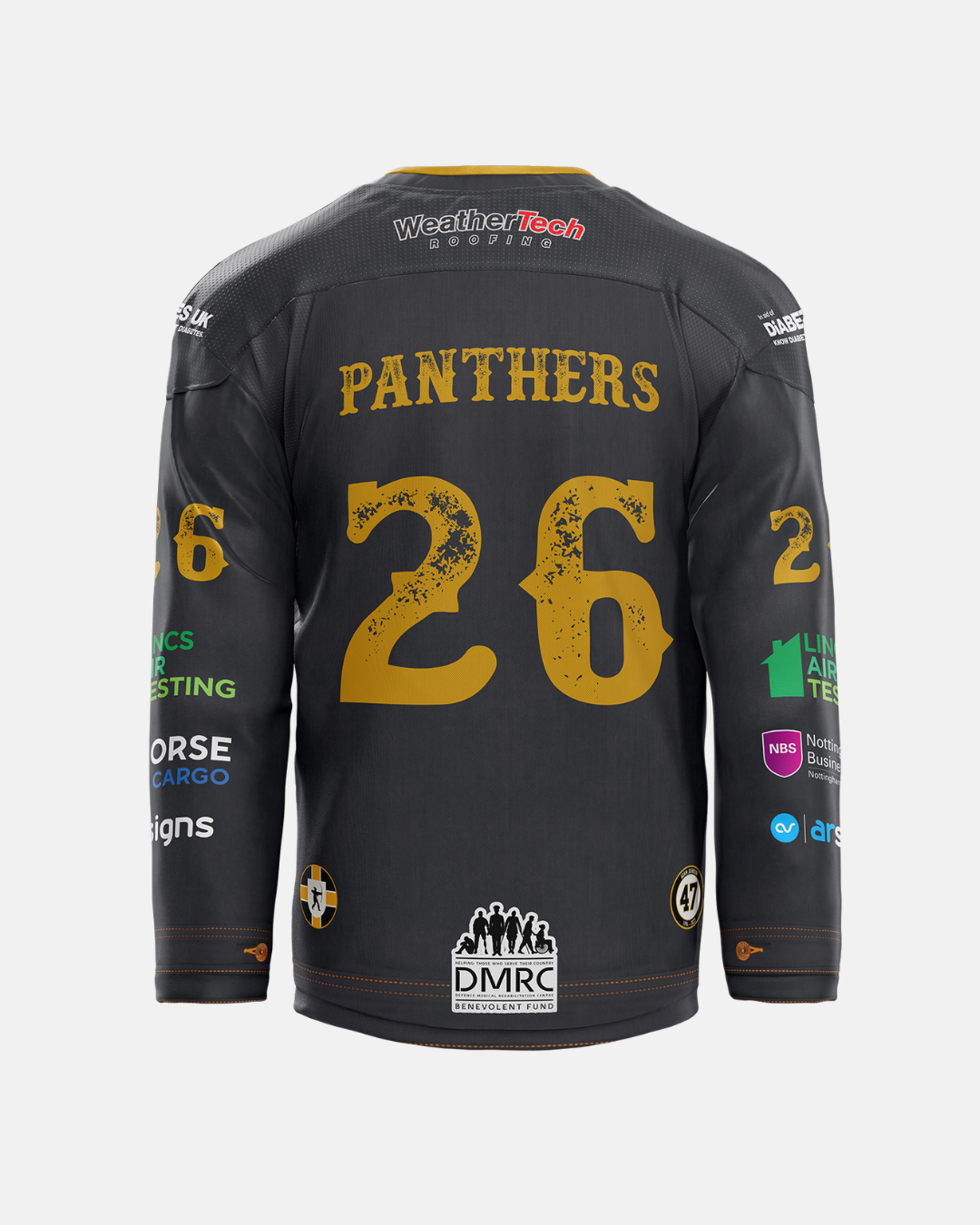 The Nottingham Panthers 2026/27 Classic Team Replica Country Night Jersey, shown from the back against a white background, features a black design with gold number 26 and “PANTHERS” lettering. Multiple sponsor logos appear on the sleeves and lower back, reflecting the official style of the 2026/27 season jerseys.