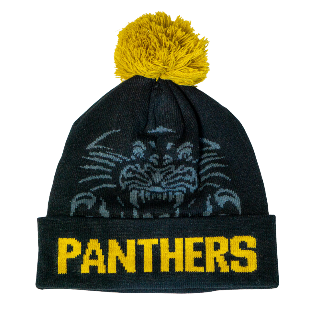 The Panthersland Nottingham Panthers 25-25 Charcoal Crest Pom Knit is a charcoal beanie with a gold pom, displaying a bold panther face and PANTHERS in yellow across the front cuff.