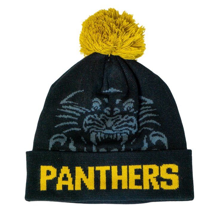 The Panthersland Nottingham Panthers 25-25 Charcoal Crest Pom Knit is a charcoal beanie with a gold pom, displaying a bold panther face and PANTHERS in yellow across the front cuff.