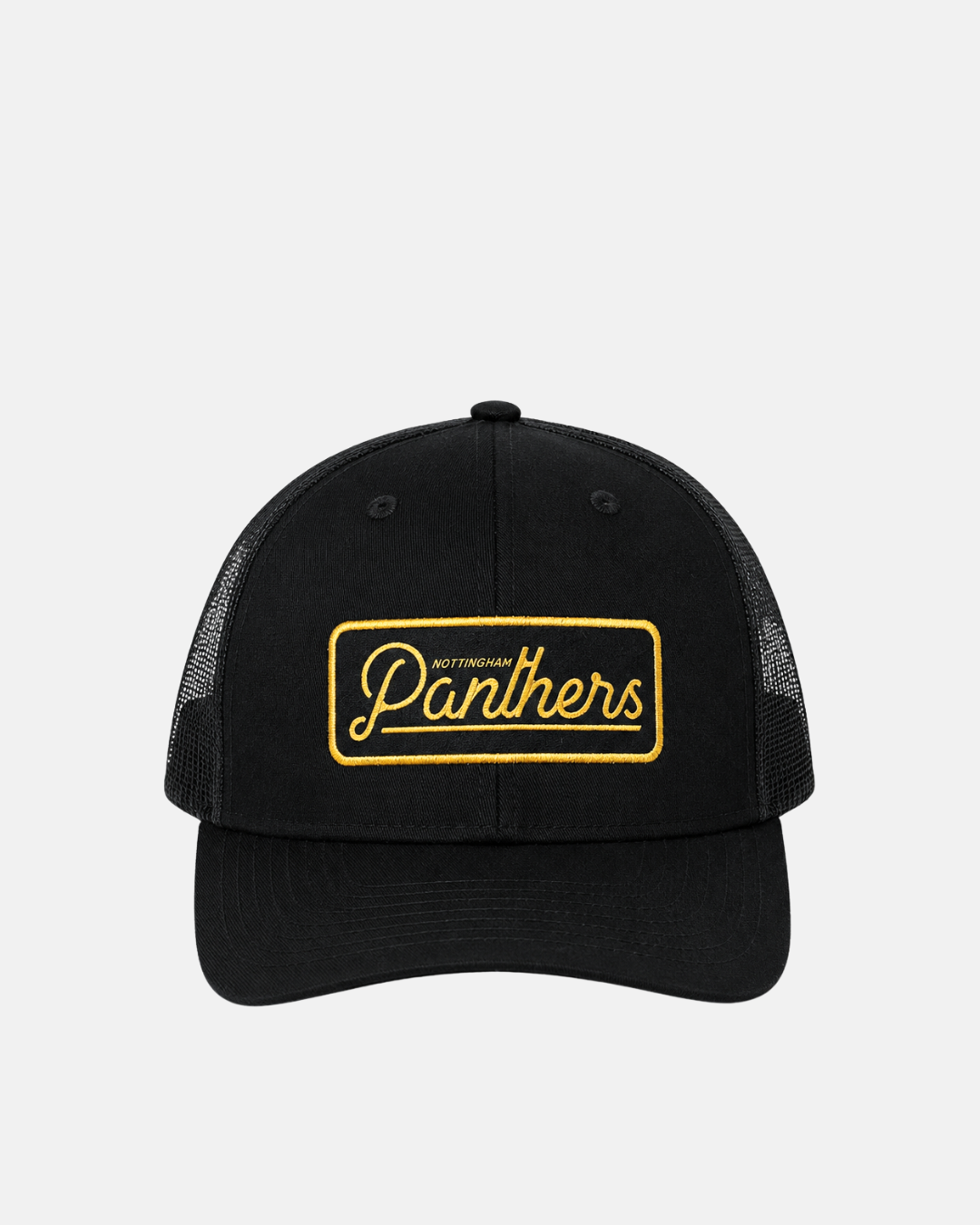 The 26-27 Script Trucker Cap by Panthersland is a black cap with a mesh back and curved brim, featuring a yellow embroidered Nottingham Panthers patch on the front. The cap is displayed against a plain white background.