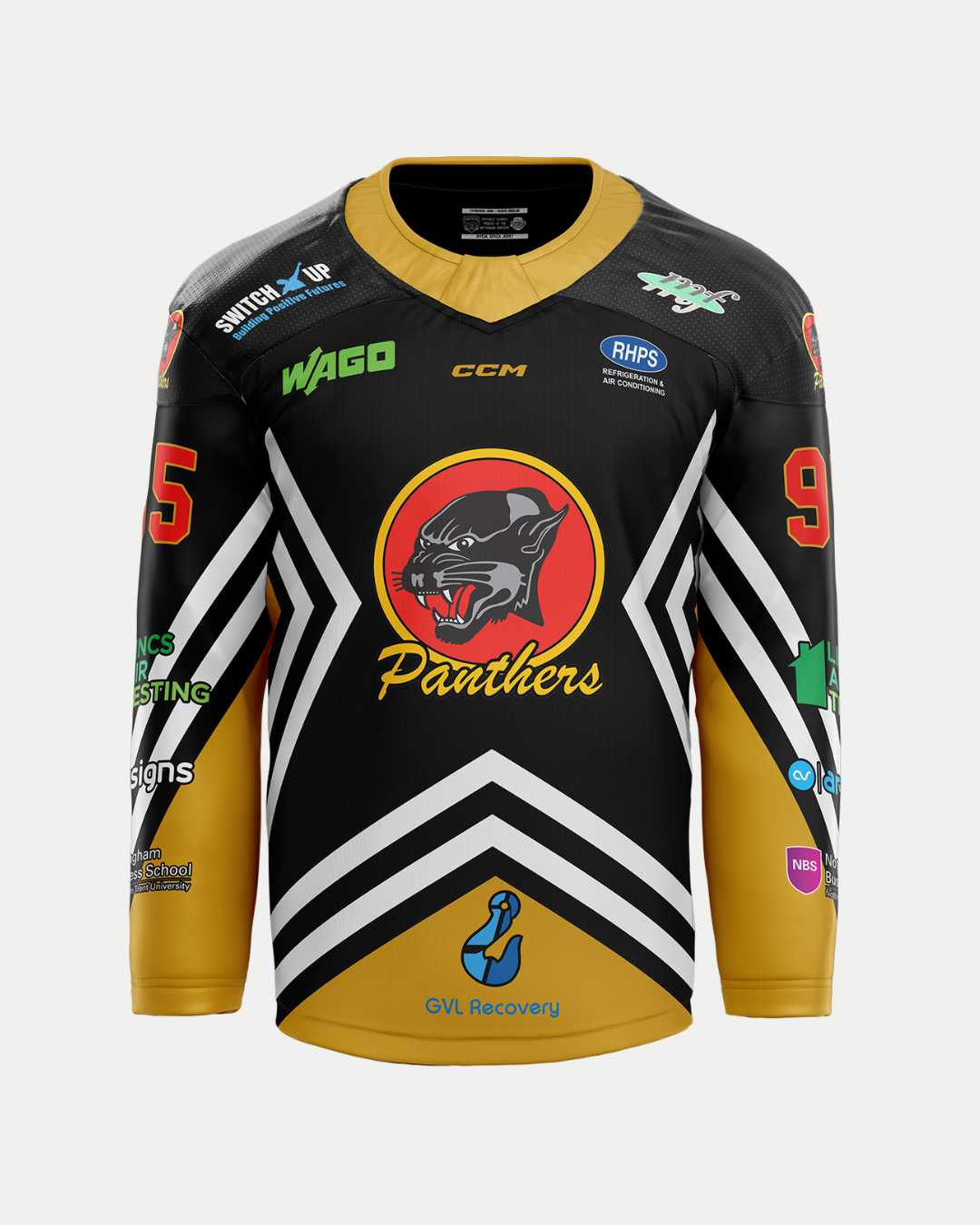 The Panthersland 2025/26 Classic Team Replica Retro Jersey is black with gold sleeves, a central panther logo over “Panthers,” white chevrons, sponsor logos, and red number 95 on each sleeve—ideal for retro nights or custom player jerseys.