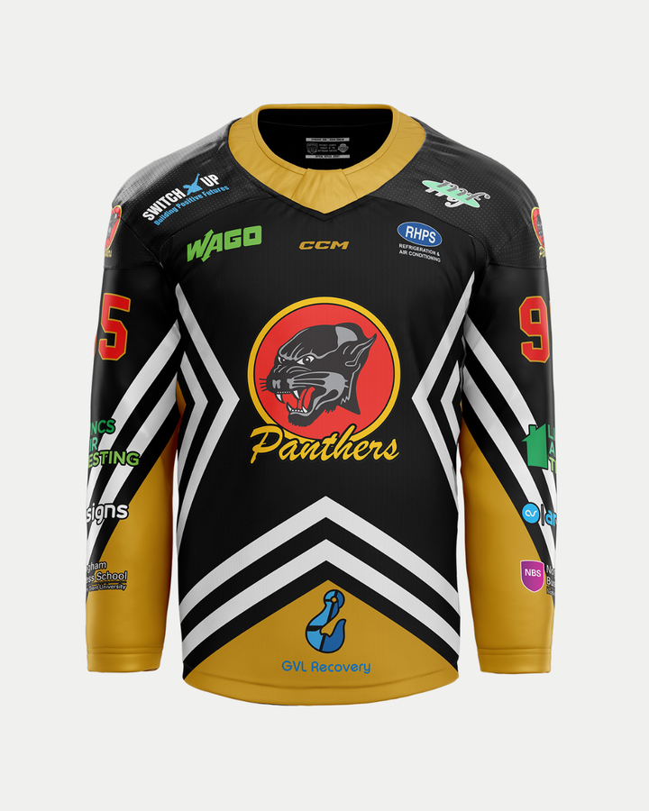 The Panthersland 2025/26 Classic Team Replica Retro Jersey is black with gold sleeves, a central panther logo over “Panthers,” white chevrons, sponsor logos, and red number 95 on each sleeve—ideal for retro nights or custom player jerseys.