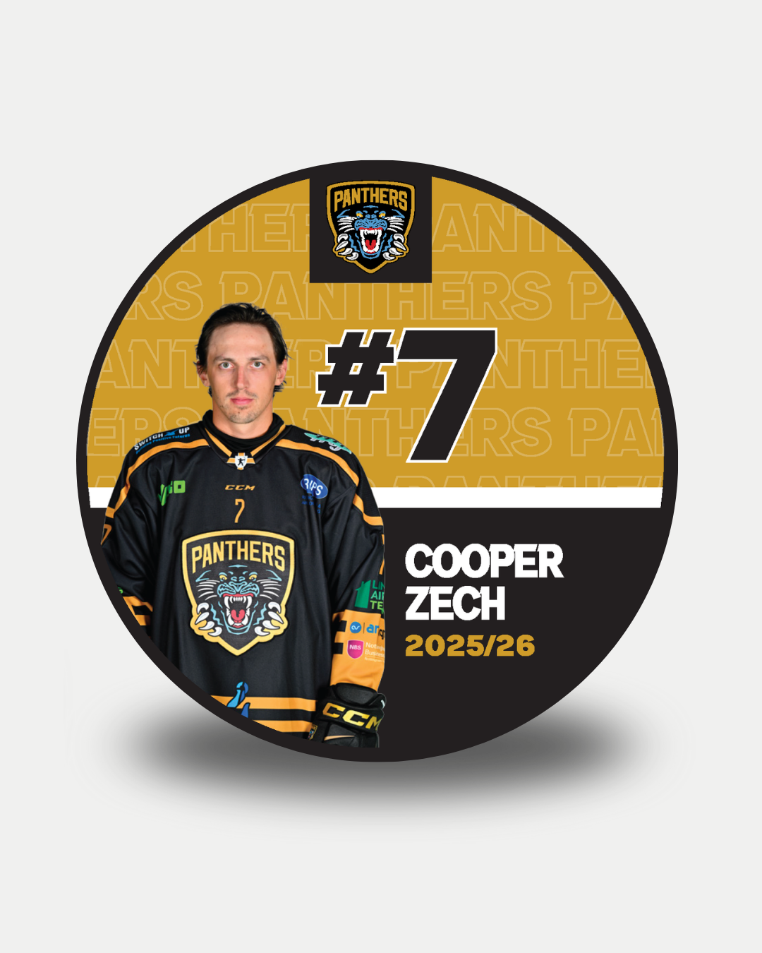 A circular graphic features Nottingham Panthers’ Cooper Zech (#7) in black, set against a gold background with the Panthers logo and "2025-26". Celebrate this limited edition 2025-26 Panthers Player Puck—perfect for fans and collectors.