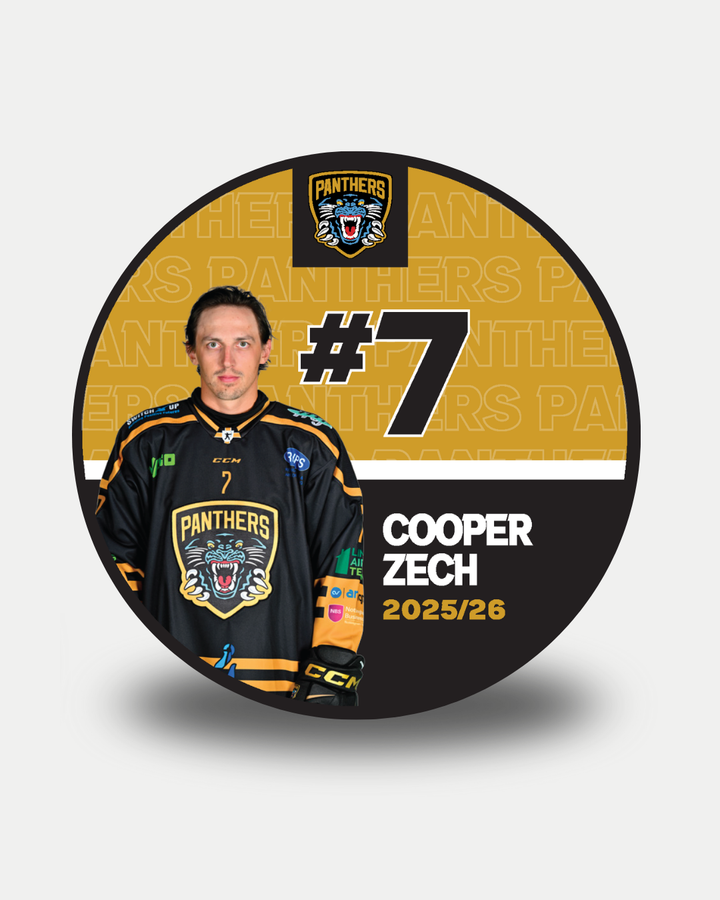 A circular graphic features Nottingham Panthers’ Cooper Zech (#7) in black, set against a gold background with the Panthers logo and "2025-26". Celebrate this limited edition 2025-26 Panthers Player Puck—perfect for fans and collectors.