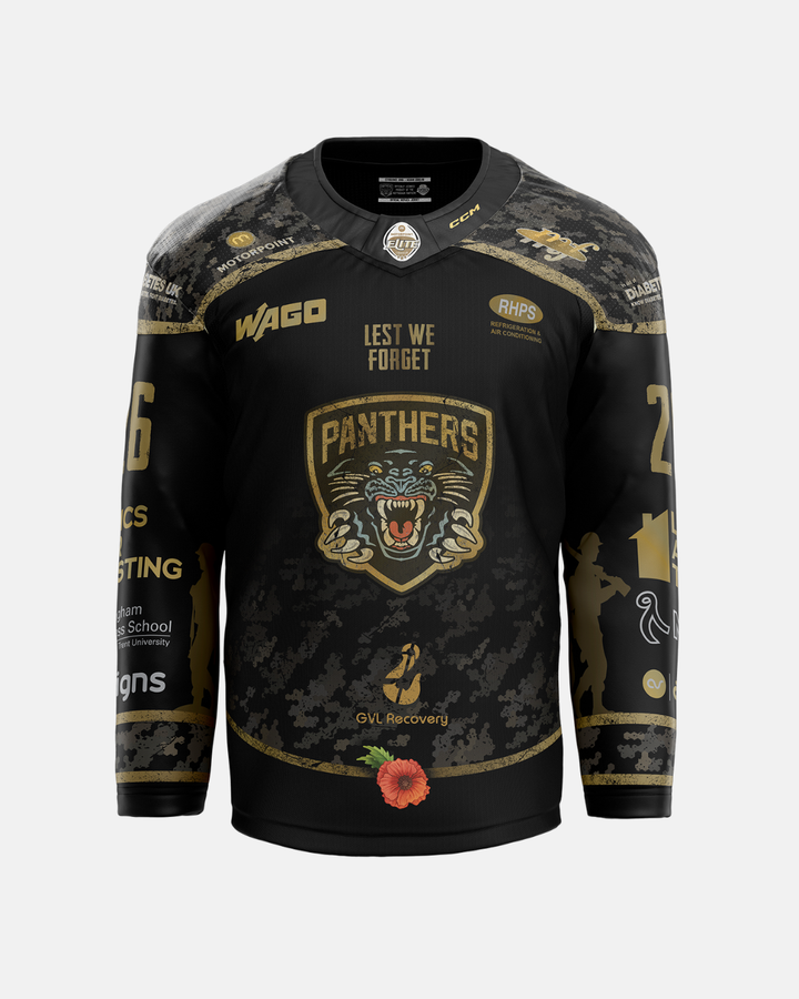 Show your support with The Nottingham Panthers 2026/27 Classic Team Replica Remembrance Jersey—a black official replica jersey featuring a gold Panthers logo, camo patterns, “Lest We Forget” text, number 26 on the sleeves, sponsor logos, and a red poppy flower on the lower front—part of the 2026/27 jerseys collection.