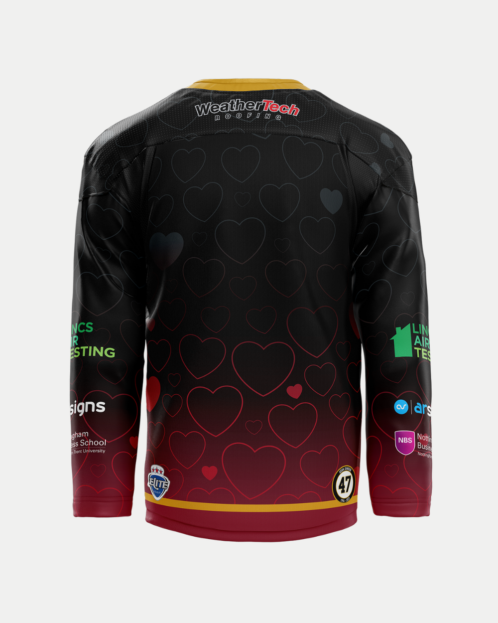 Back view of the 2025/26 Classic Replica Valentines Jersey by Panthersland, with a heart pattern, red and gold trim, multiple sponsor logos on the sleeves and lower back, plus “WeatherTech” displayed at the top.
