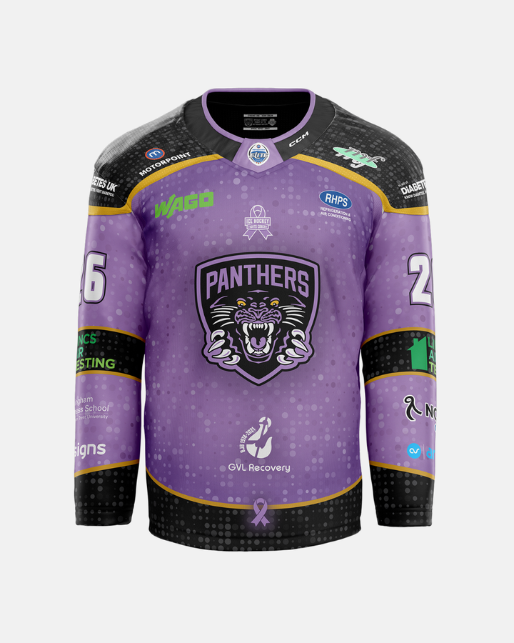 A purple and black 2026/27 Classic Team Replica Hockey Fights Cancer Jersey by The Nottingham Panthers, featuring PANTHERS and a roaring panther logo on the chest, number 26 on the sleeves, various sponsor logos throughout, and proudly displaying the Nottingham Hospitals Charity logo.