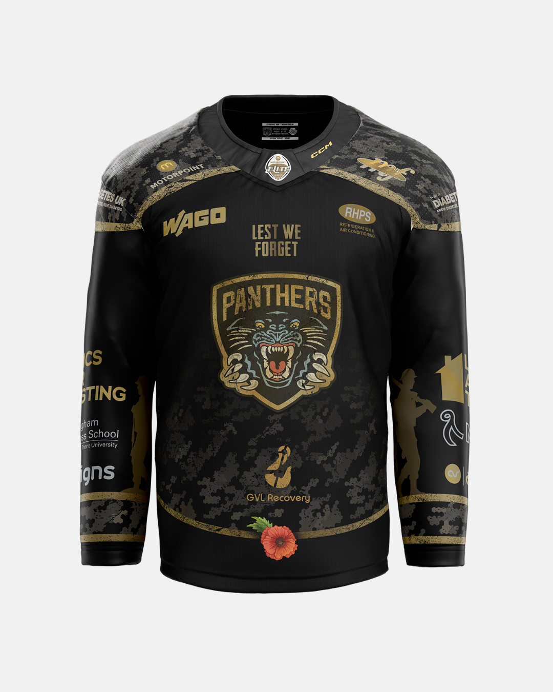 Introducing The Nottingham Panthers 2026/27 Classic Replica Remembrance Jersey—a black hockey jersey featuring a digital camo pattern, gold accents, and the team’s roaring panther logo. “LEST WE FORGET” is emblazoned on the chest, accompanied by sponsor logos and a red remembrance poppy near the hem. Part of the standout 2026/27 jerseys collection, this tribute piece blends contemporary design with timeless style.