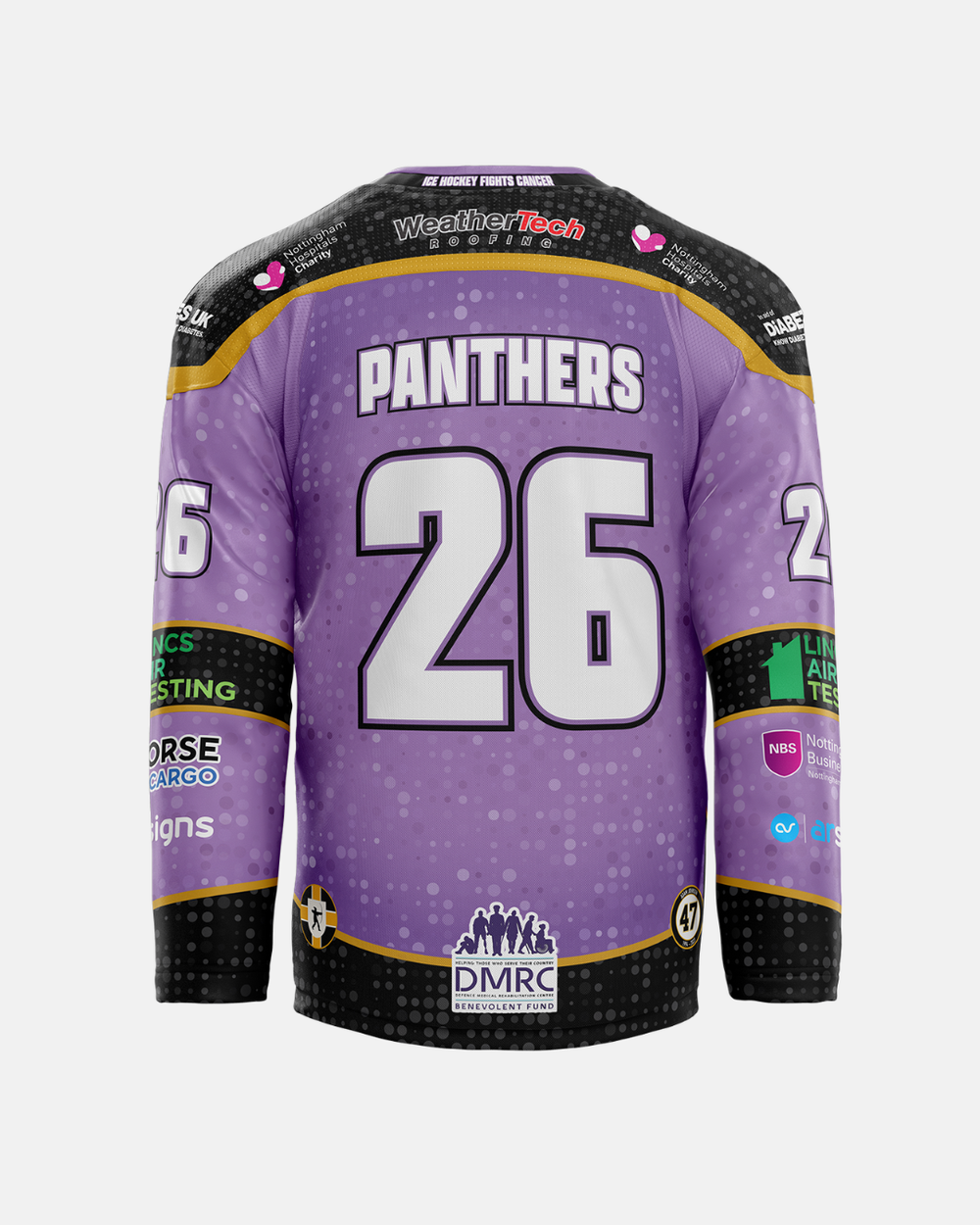 A purple and black 2026/27 Classic Team Replica Hockey Fights Cancer Jersey from The Nottingham Panthers, featuring PANTHERS and the number 26 on the back, multiple sponsor logos—including Nottingham Hospitals Charity—and a striking dotted gradient pattern inspired by the team’s official jersey.