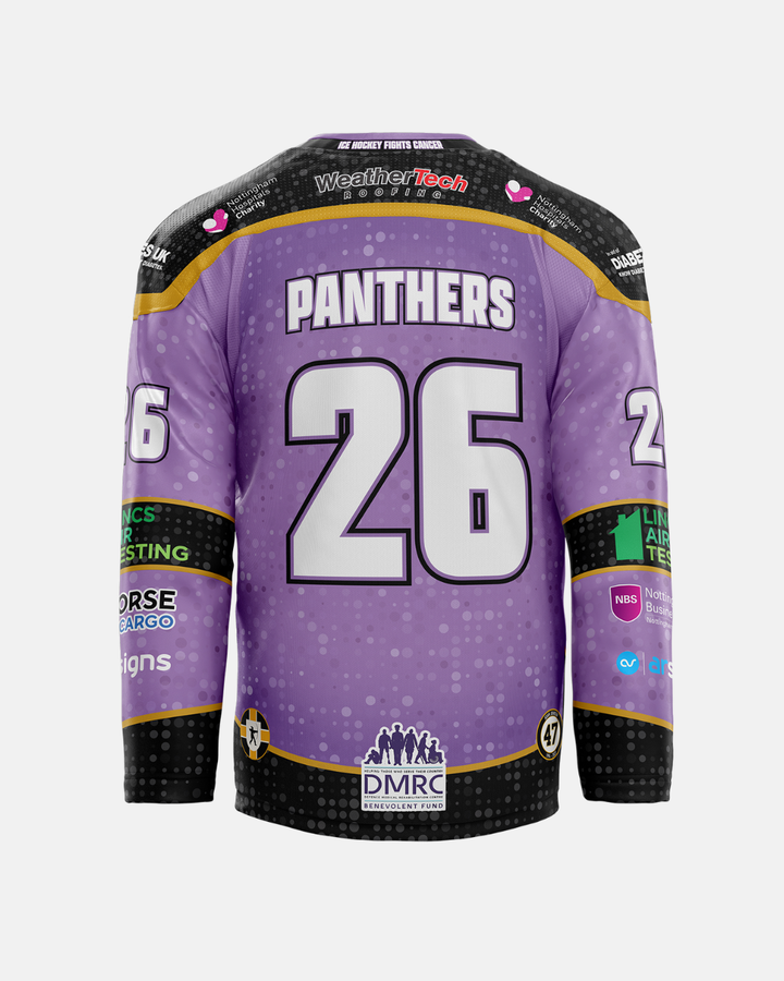 A purple and black 2026/27 Classic Team Replica Hockey Fights Cancer Jersey from The Nottingham Panthers, featuring PANTHERS and the number 26 on the back, multiple sponsor logos—including Nottingham Hospitals Charity—and a striking dotted gradient pattern inspired by the team’s official jersey.