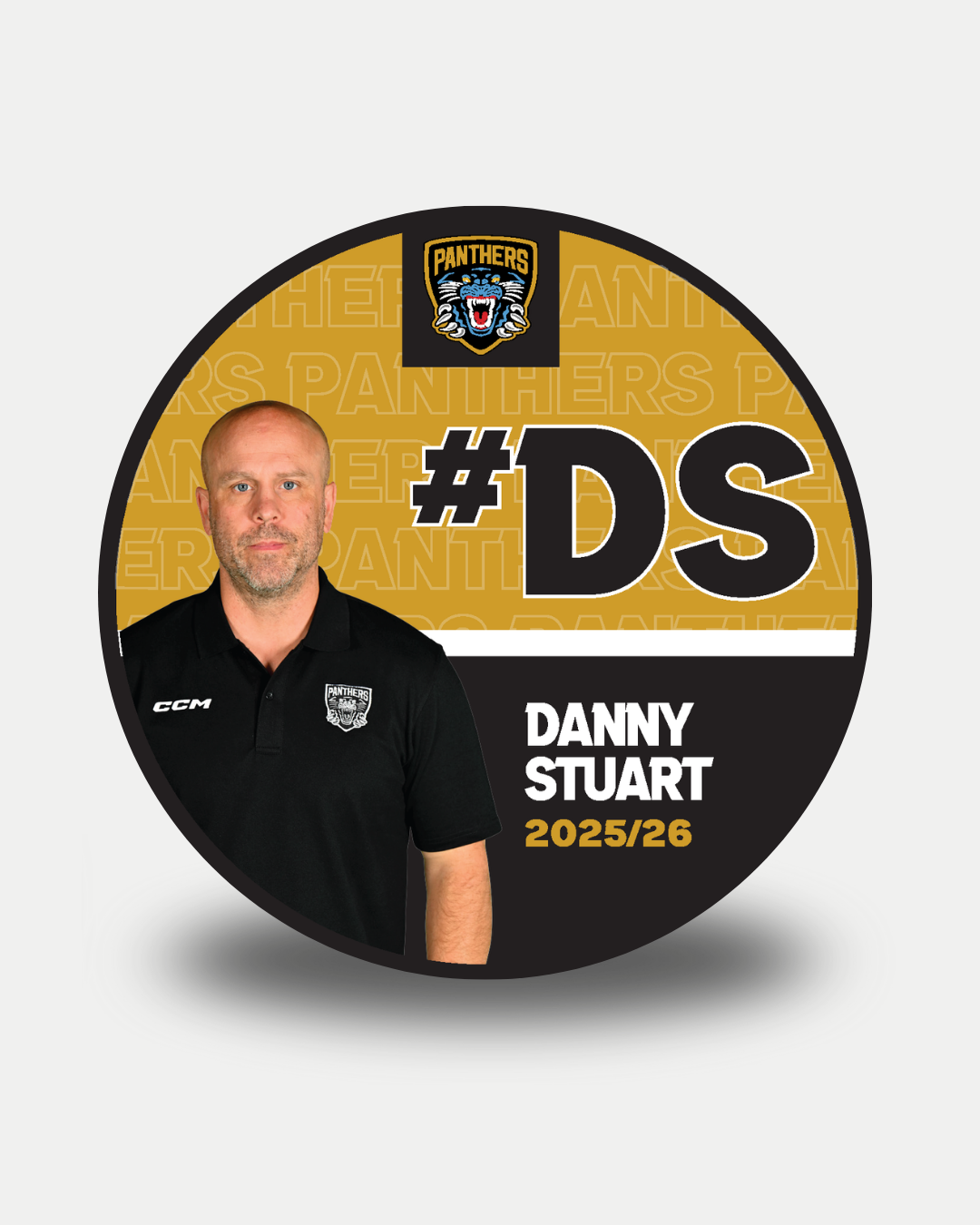 A circular graphic shows Danny Stuart in a black Nottingham Panthers polo, with "#DS," "Danny Stuart 2025/26," and the Panthers logo on a gold and black background, inspired by Nottingham Panthers' 2025-26 Player Pucks.