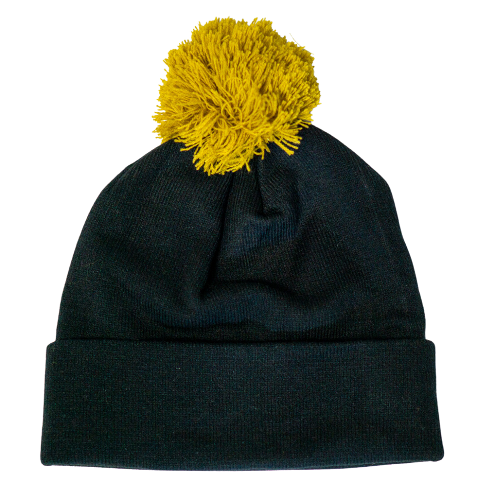 The Panthersland Nottingham Panthers 25-25 Charcoal Crest Pom Knit features a folded brim and a large, fluffy gold pom on top, shown against a white background.