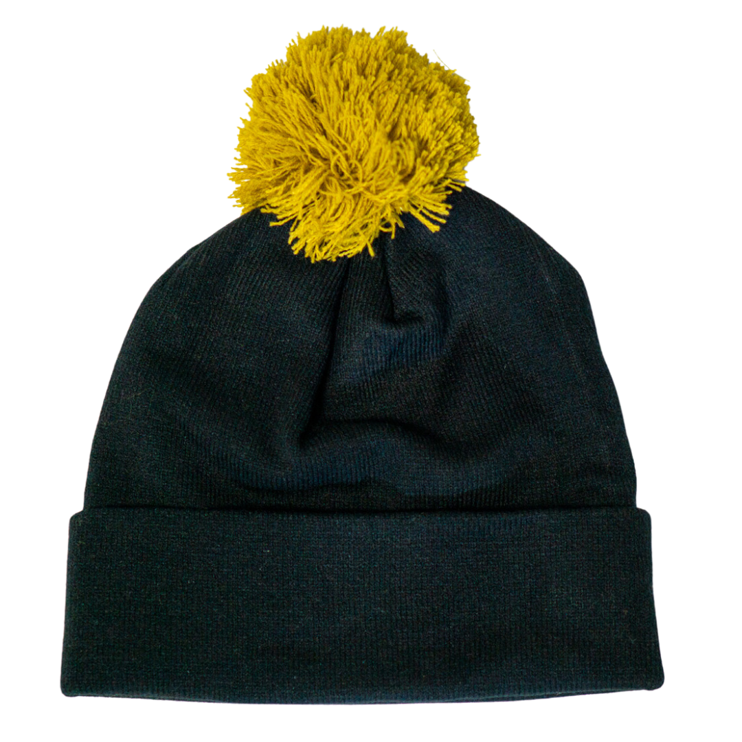 The Panthersland Nottingham Panthers 25-25 Charcoal Crest Pom Knit features a folded brim and a large, fluffy gold pom on top, shown against a white background.