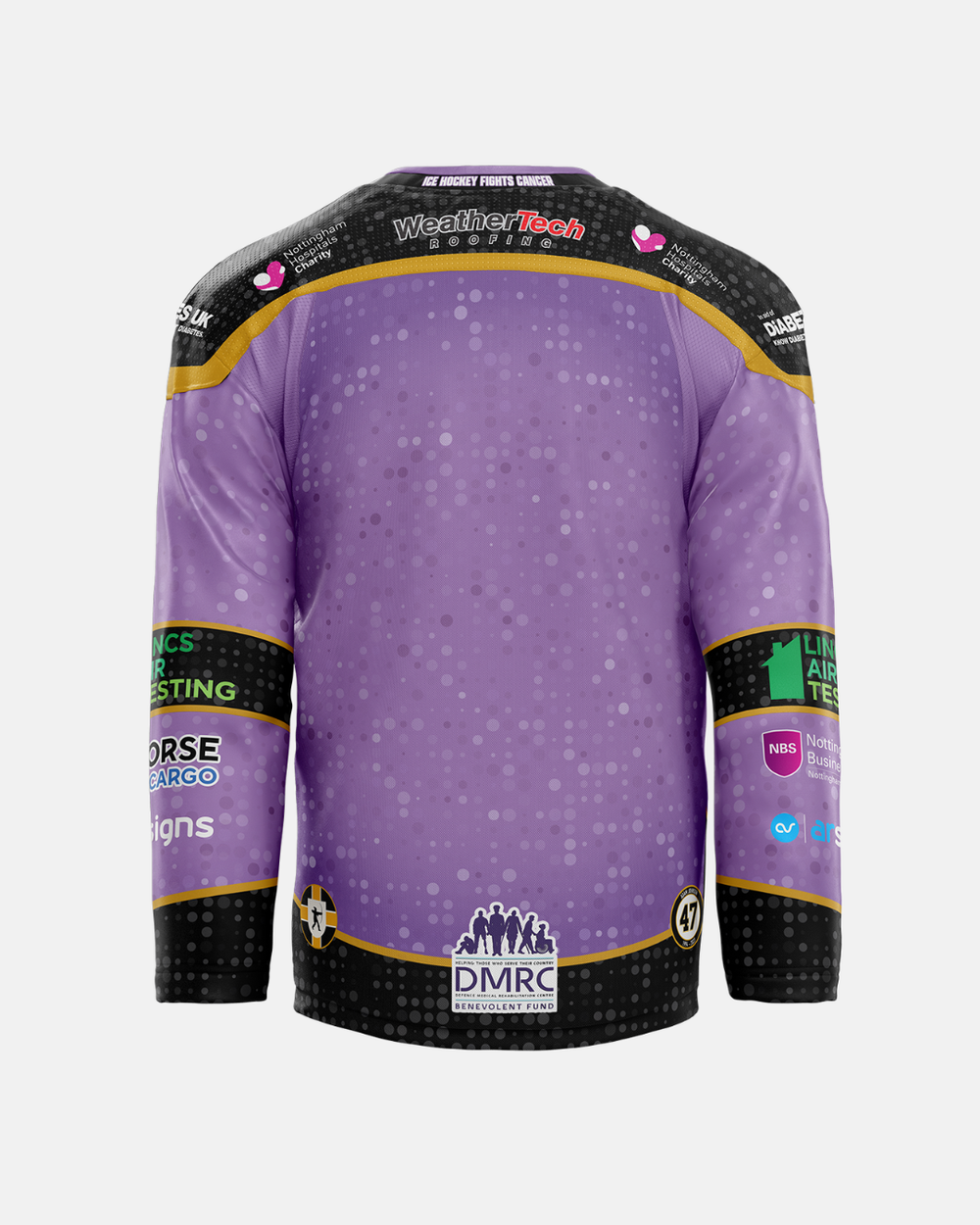 A rear view of The Nottingham Panthers’ 2026/27 Classic Replica Hockey Fights Cancer Jersey, displaying a purple and black colour scheme with sponsor logos—including Nottingham Hospitals Charity—gold trim, and a dotted pattern. This replica jersey offers an early preview of the design that will inspire the official 2026/27 jerseys.