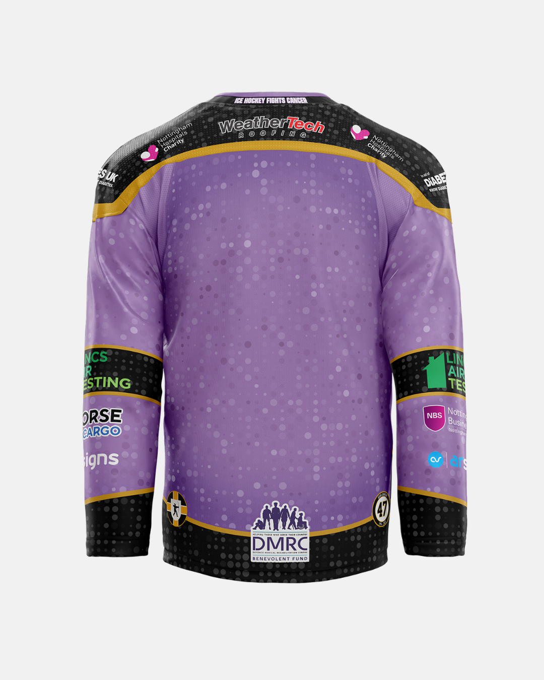 A rear view of The Nottingham Panthers’ 2026/27 Classic Replica Hockey Fights Cancer Jersey, displaying a purple and black colour scheme with sponsor logos—including Nottingham Hospitals Charity—gold trim, and a dotted pattern. This replica jersey offers an early preview of the design that will inspire the official 2026/27 jerseys.