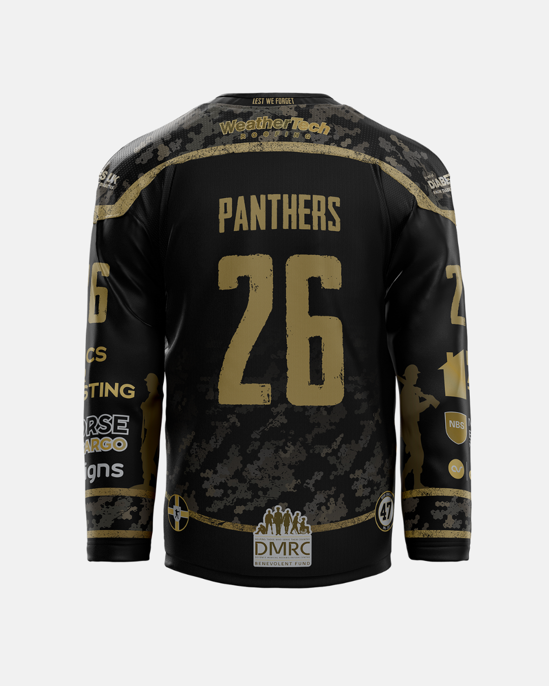 Introducing the 2026/27 Classic Team Replica Remembrance Jersey by The Nottingham Panthers—a black hockey jersey featuring striking gold digital camouflage accents, inspired by the official 2026/27 team design. “PANTHERS” and the number 26 are printed on the back in gold, accompanied by various sponsor logos, making this official replica a must-have for dedicated fans.