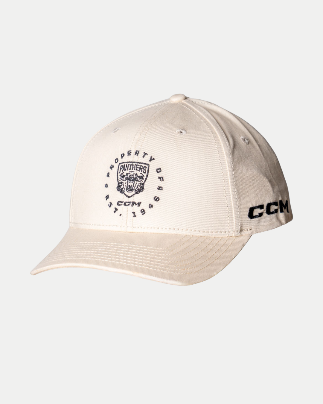The Panthersland Nottingham Panthers 25-26 CCM Cream Adjustable Cap features an embroidered Property of Panthers logo on the front and a black-stitched CCM brand name on the side.