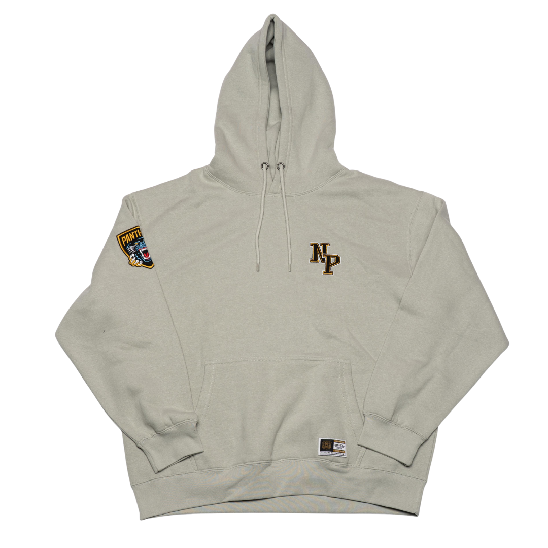 The Panthersland Nottingham Panthers 25-26 Grey NP Logo Hoodie features the NP logo on the left chest, a PANTHERS patch and panther logo on the right sleeve, plus a front pocket with ribbed cuffs and hem—ideal for fans.