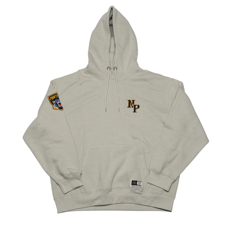 The Panthersland Nottingham Panthers 25-26 Grey NP Logo Hoodie features the NP logo on the left chest, a PANTHERS patch and panther logo on the right sleeve, plus a front pocket with ribbed cuffs and hem—ideal for fans.