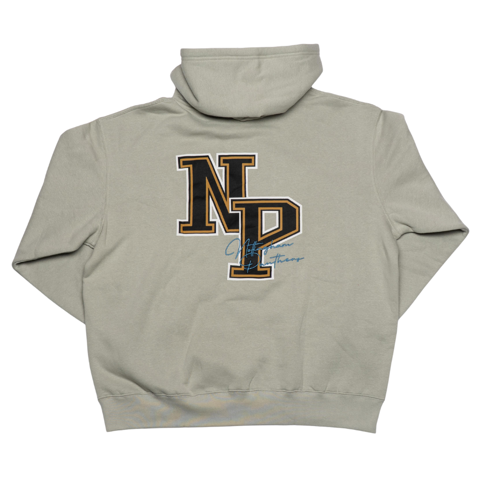 The Nottingham Panthers 25-26 Grey NP Logo Hoodie by Panthersland features large black and gold varsity-style NP on the back and small blue signature text below—a perfect pick for any true Panthers fans apparel collection.