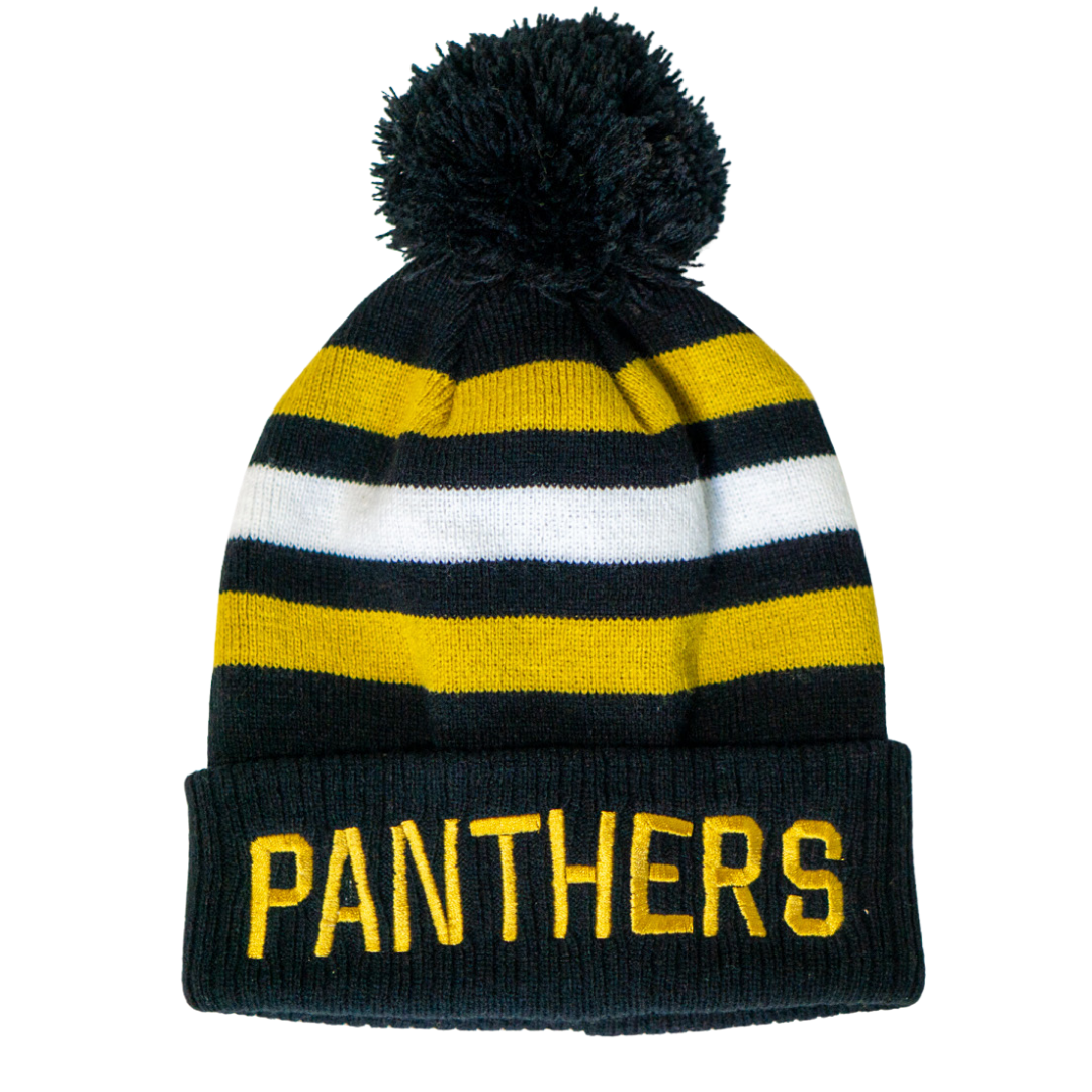 The Panthersland Nottingham Panthers 25-26 White Stripe Pom Knit is a black beanie with yellow and white stripes, black pom-pom, and PANTHERS in yellow on the cuff—ideal for stylish winter wear.