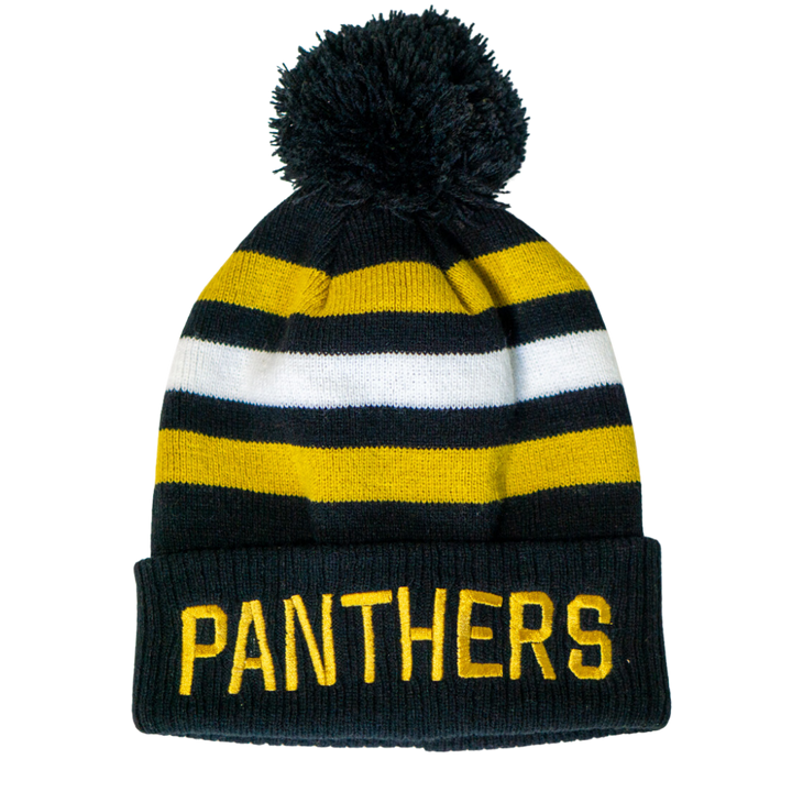 The Panthersland Nottingham Panthers 25-26 White Stripe Pom Knit is a black beanie with yellow and white stripes, black pom-pom, and PANTHERS in yellow on the cuff—ideal for stylish winter wear.
