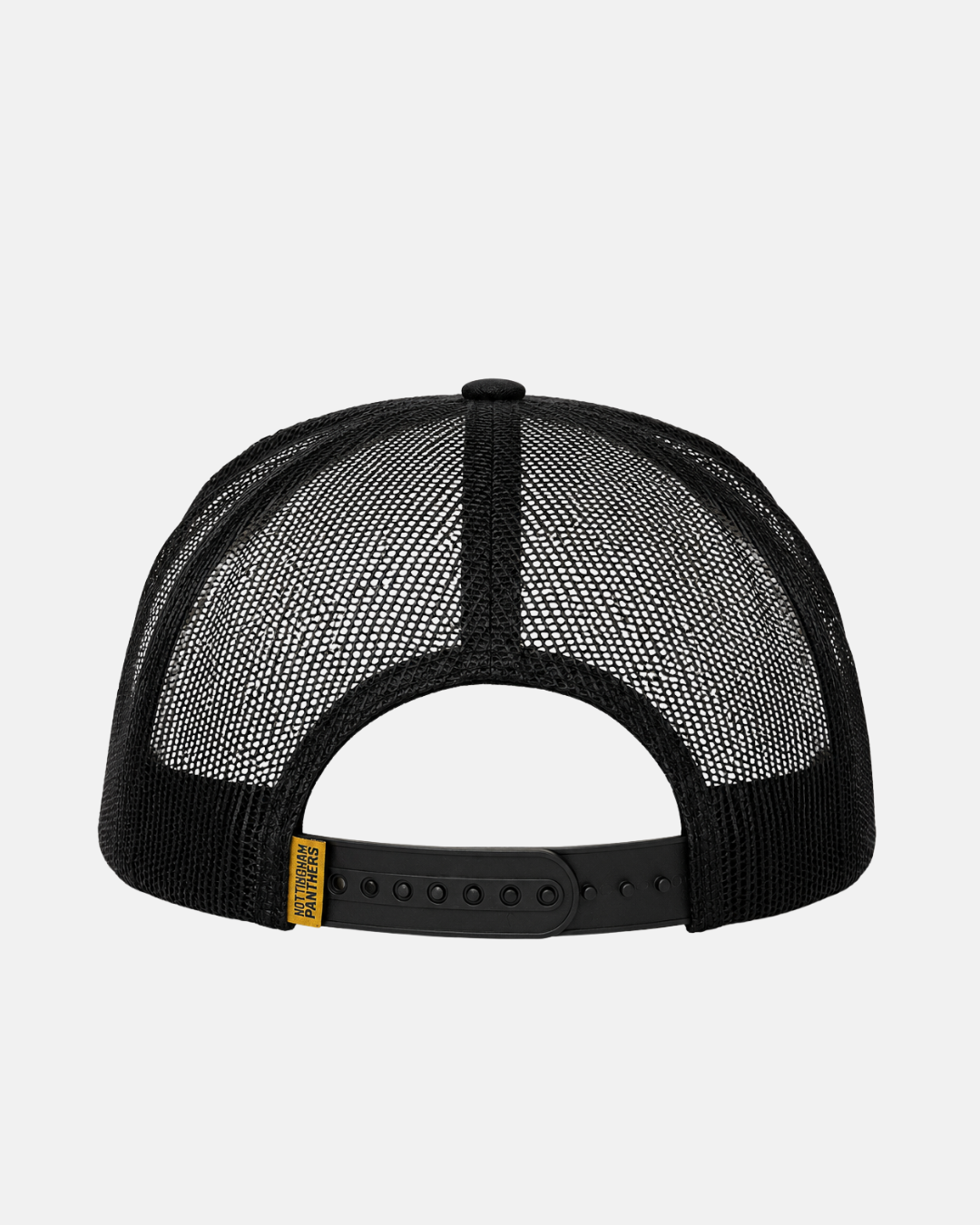 Back view of the Panthersland 26-27 Script Trucker Cap, featuring a black mesh back, adjustable snapback closure, and a small yellow tag on the left side—a classic accessory for Nottingham Panthers fans.