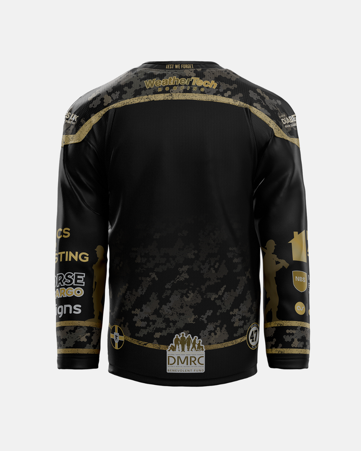 The Nottingham Panthers’ 2026/27 Classic Replica Remembrance Jersey is a black sublimated design with gold and gray camouflage accents, multiple sponsor logos, and soldier silhouettes. The back view showcases an array of patches and text positioned near the shoulders, sleeves, and lower hem—distinguishing it as a standout item among the highly anticipated 2026/27 jerseys.