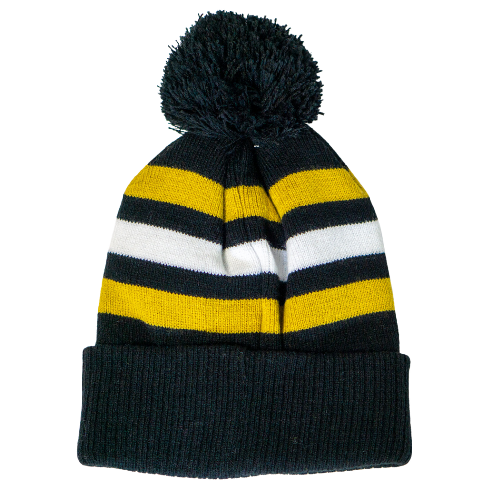 The Panthersland Nottingham Panthers 25-26 White Stripe Pom Knit is a cozy winter beanie with black, yellow, and white stripes, a large pom-pom, and a folded black cuff—ideal for any devoted Panthers fan.