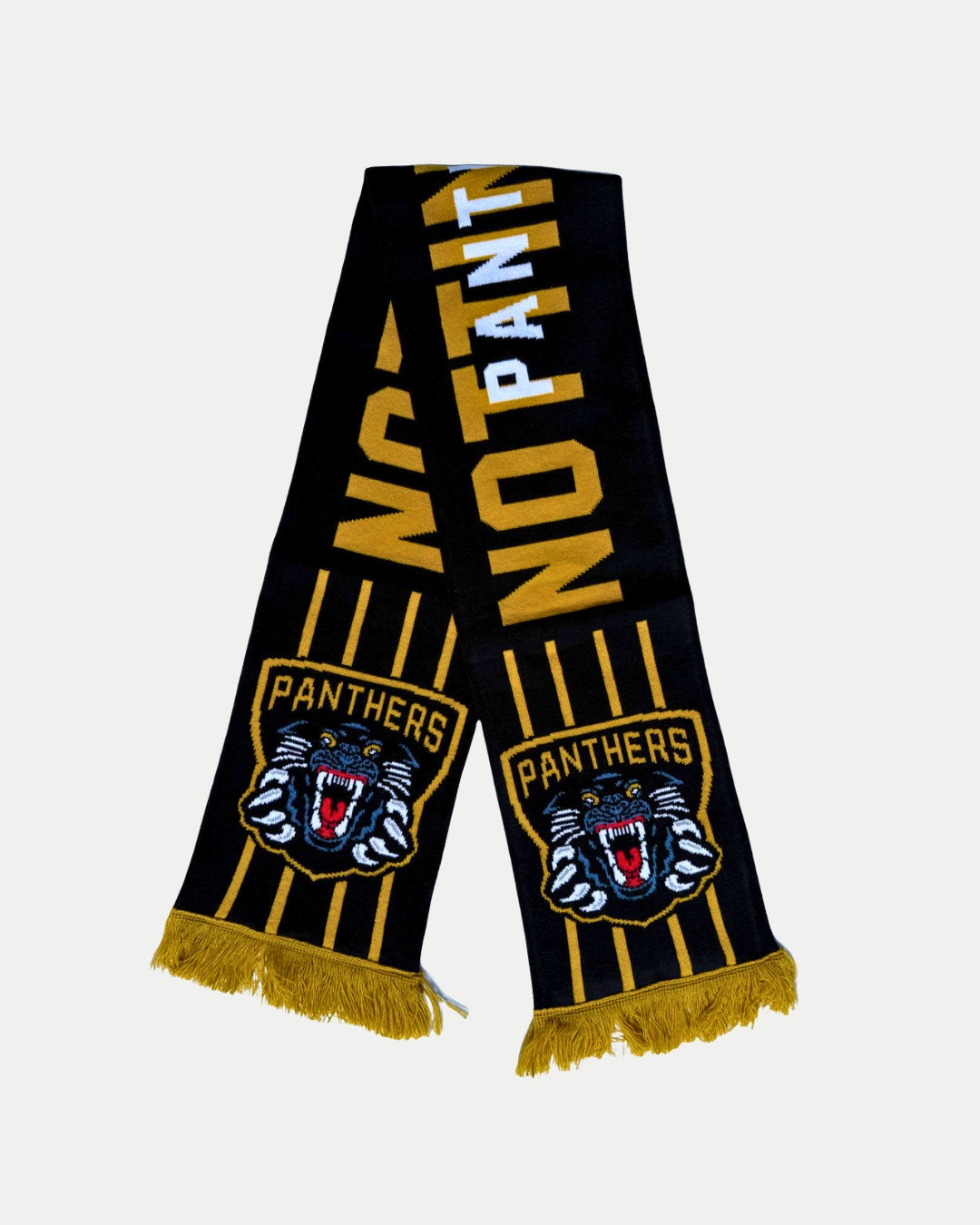 The Panthersland 25-26 Four Stripe Scarf is black with four yellow stripes, PANTHERS text, a roaring panther logo at each end, yellow accents throughout, and fringes—making it the perfect game day accessory.