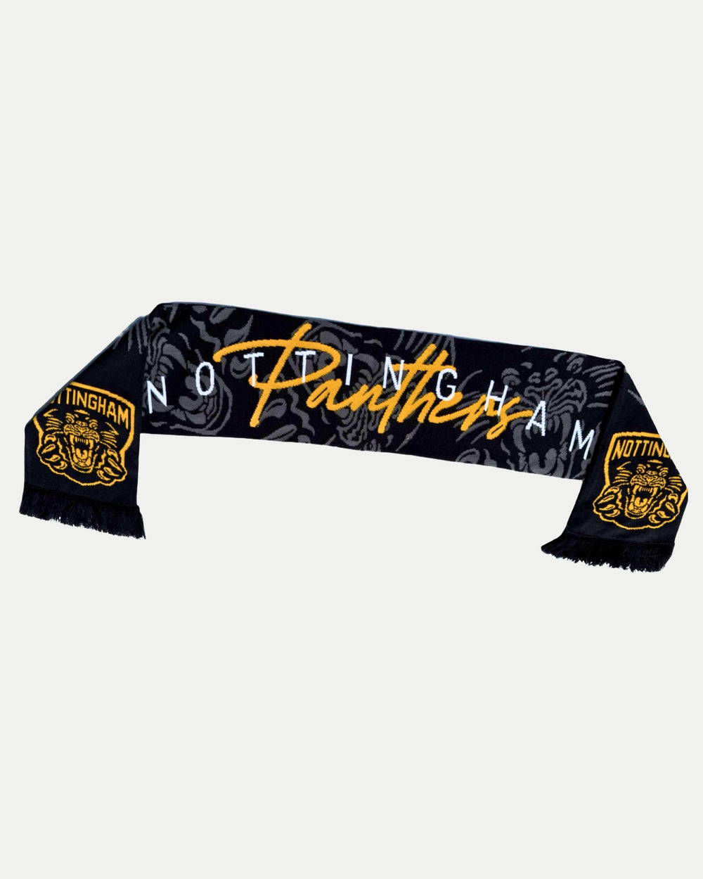 The Panthersland 25-26 Signature Scarf is black with bold yellow Nottingham Panthers text across the center and stylized Panthers crests on each end, plus Nottingham in yellow above each logo.