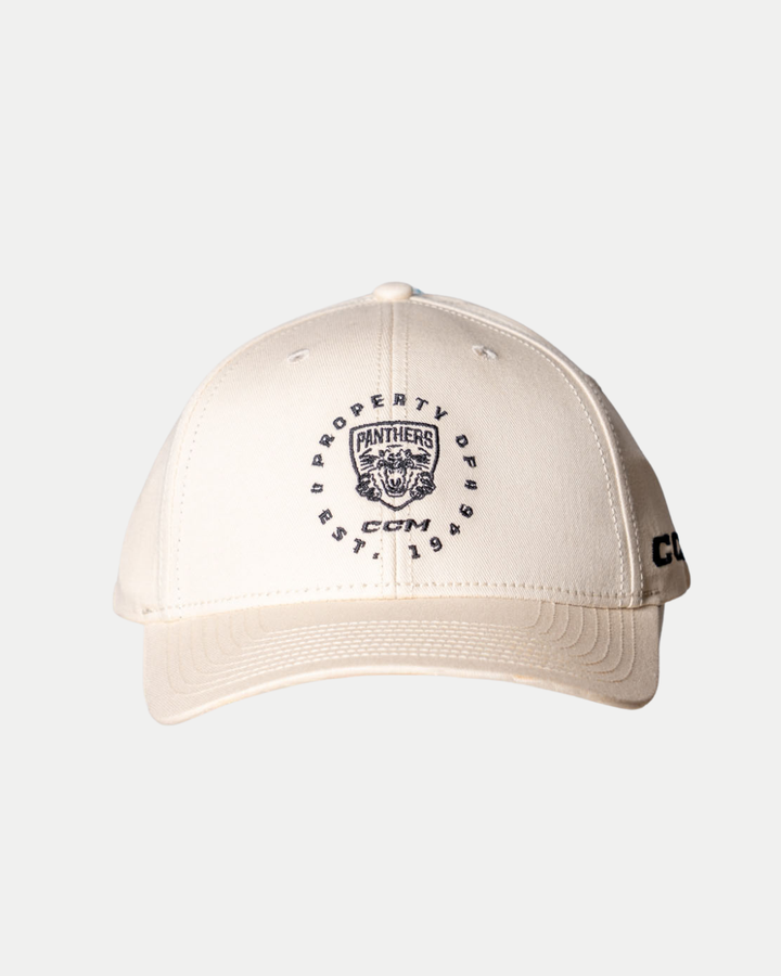 The Nottingham Panthers 25-26 CCM Cream Adjustable Cap by Panthersland features a beige design with the Panthers logo, "Property of Panthers, CCM, Est. 1993" embroidered in black on the front, and CCM stitched on the left side.