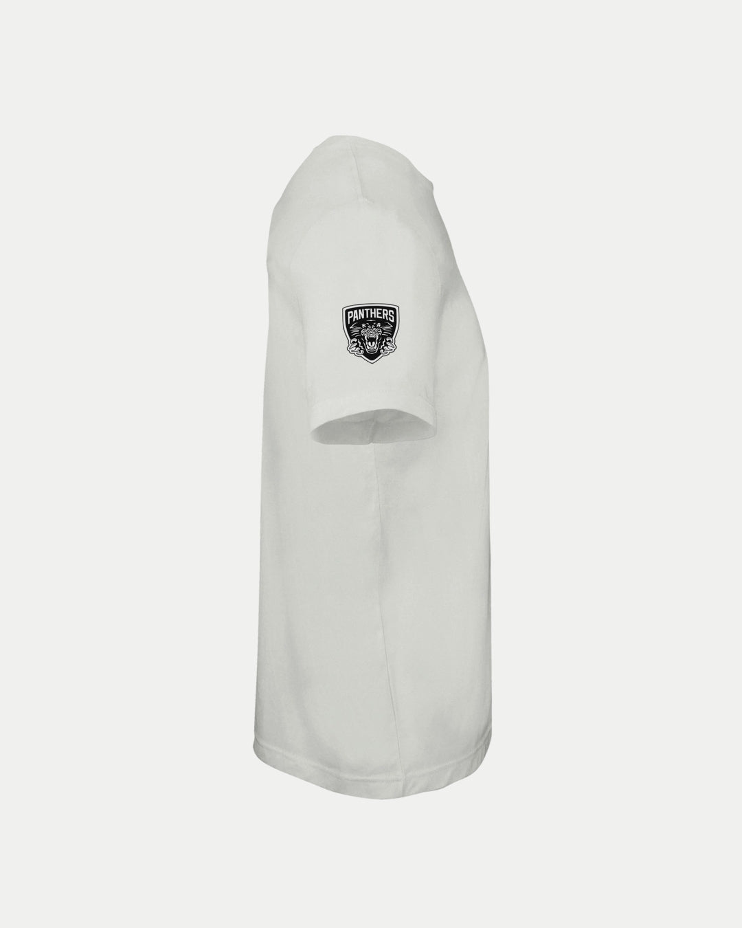 Side view of the white Made-To-Order Panthers Est 1946 T-shirt by Nottingham Panthers, featuring a small black and white Panthers logo patch on the upper sleeve against a plain white background.