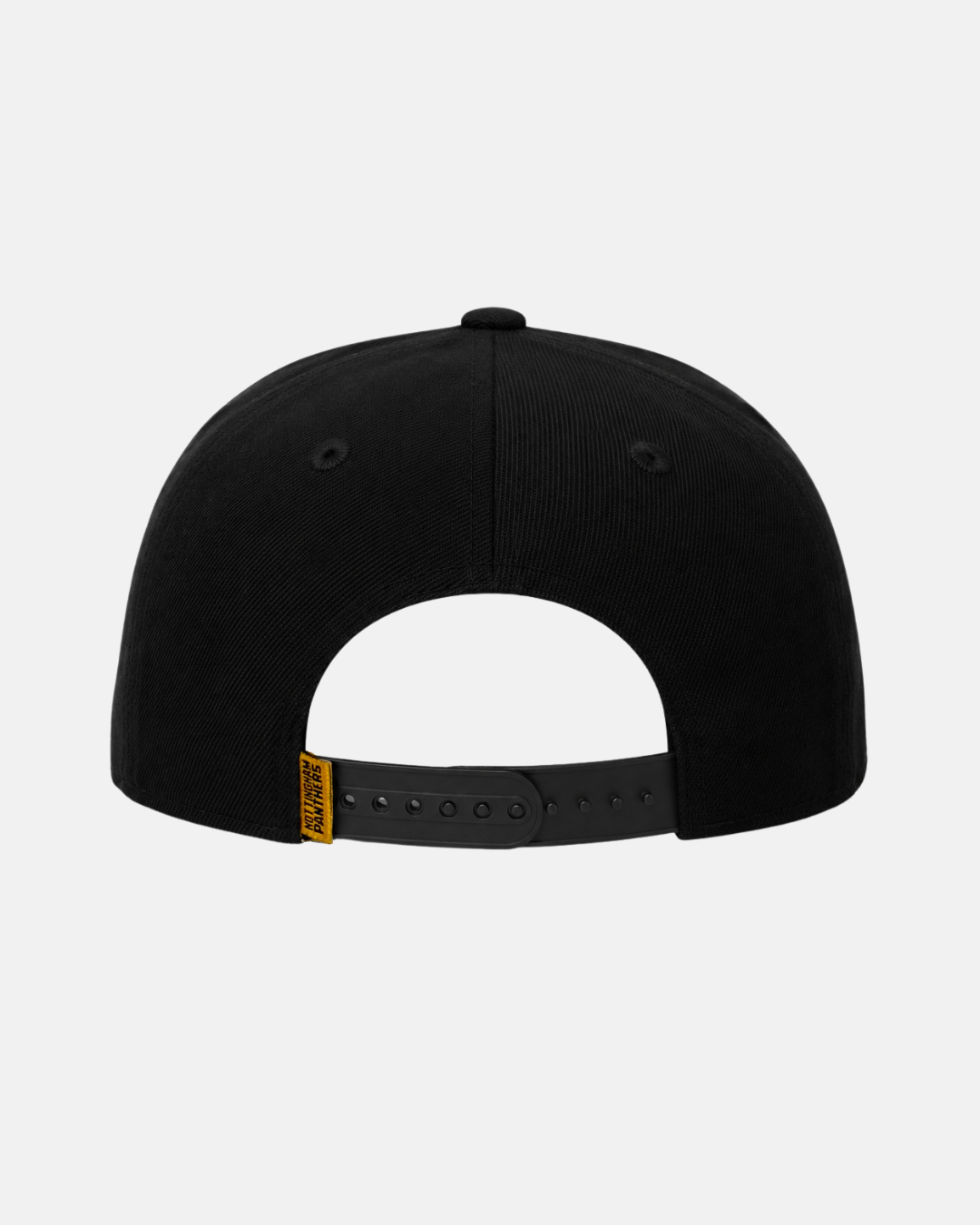 The Panthersland 26-27 Signature Snapback Cap is displayed from the back, highlighting its adjustable snapback closure and a small yellow tag with black text on the left side. Featuring subtle Nottingham Panthers detailing, this classic black cap is set against a plain light gray background.