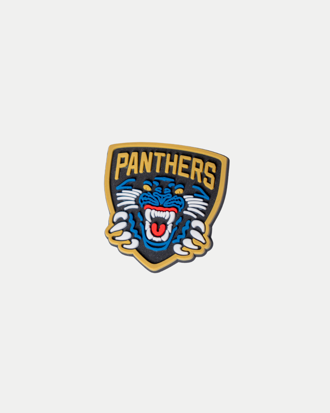 The Nottingham Panthers Logo Croc Charm by Panthersland features a fierce blue panther with gold claws, white whiskers, and a red mouth, plus bold yellow "PANTHERS" text, capturing the iconic team logo on a dark background.