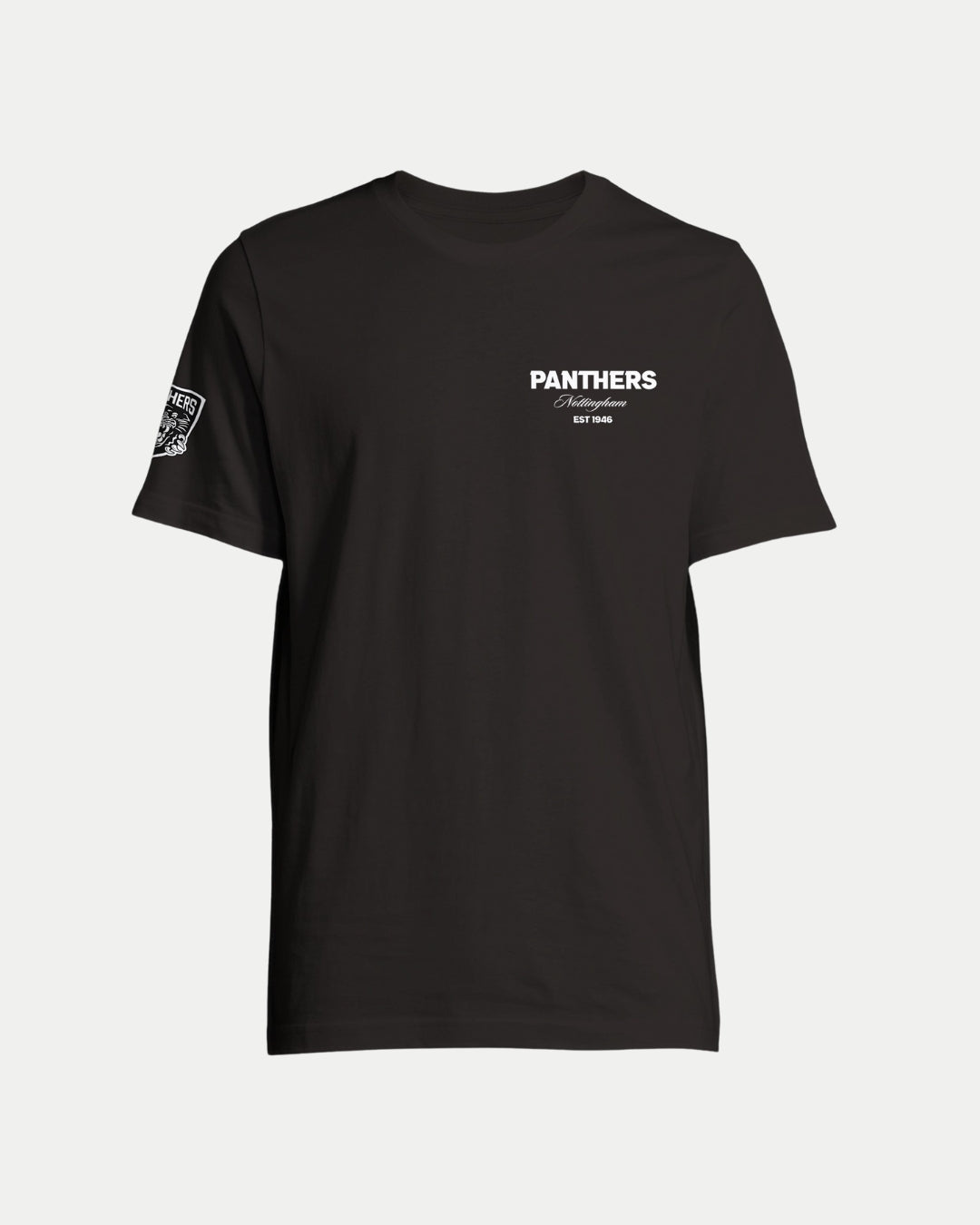 The Nottingham Panthers Made-To-Order Panthers Est 1946 T-shirt Black & White is an eco-conscious, short-sleeve unisex crew neck with PANTHERS and Est 1946 in white on the left chest and a white patch on the right sleeve.
