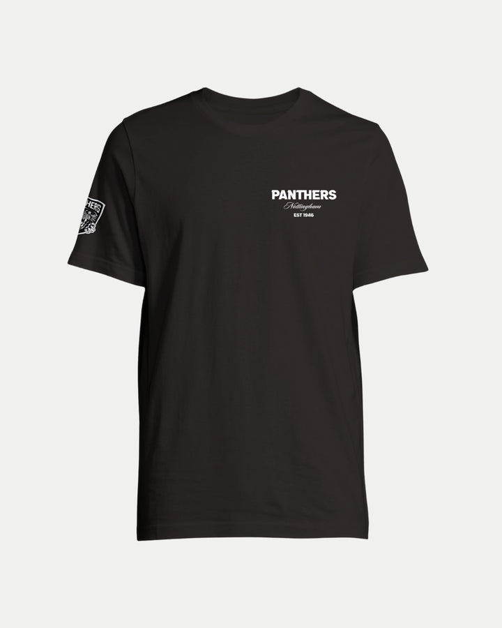 The Nottingham Panthers Made-To-Order Panthers Est 1946 T-shirt Black & White is an eco-conscious, short-sleeve unisex crew neck with PANTHERS and Est 1946 in white on the left chest and a white patch on the right sleeve.
