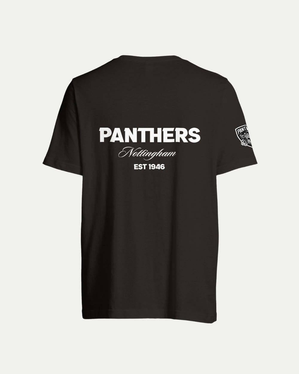 The Made-To-Order Panthers Est 1946 T-shirt Black & White by Nottingham Panthers features bold white PANTHERS Nottingham EST 1946 print on the back and a small logo on the left sleeve, perfect for fans seeking unique style.