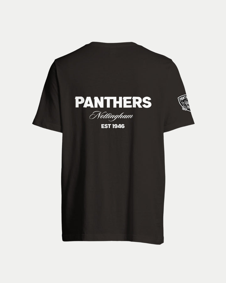 The Made-To-Order Panthers Est 1946 T-shirt Black & White by Nottingham Panthers features bold white PANTHERS Nottingham EST 1946 print on the back and a small logo on the left sleeve, perfect for fans seeking unique style.