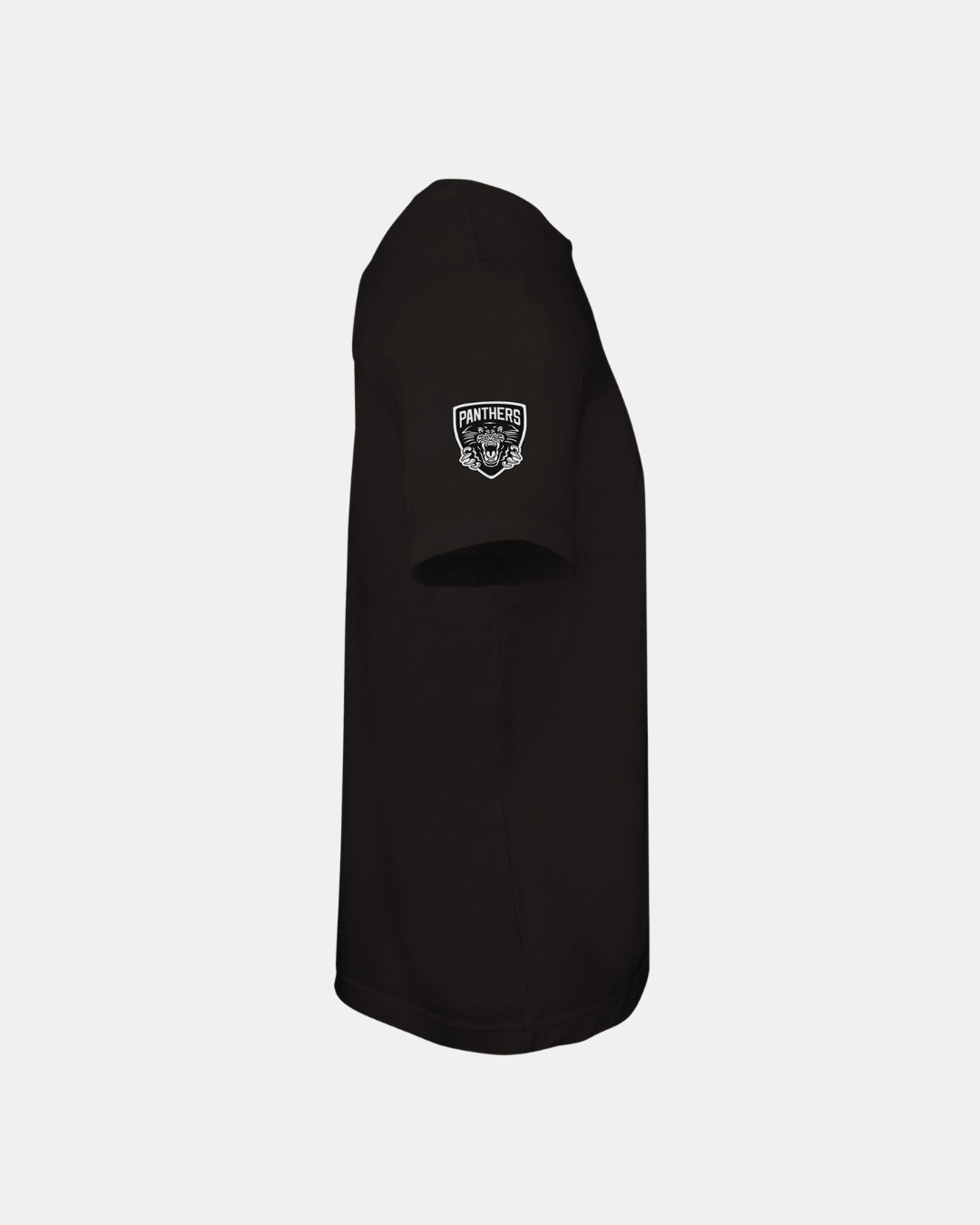 The Made-To-Order Panthers Est 1946 T-shirt Black & White by Nottingham Panthers is a black unisex tee, shown side-on with a small white panther head logo on the left sleeve. Eco-conscious style. Plain white background.