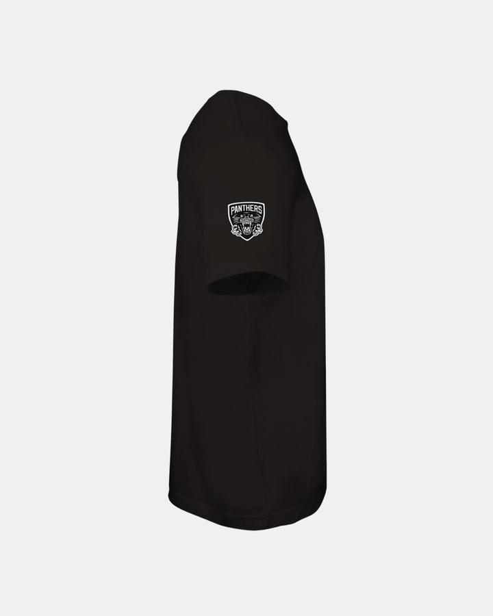 The Made-To-Order Panthers Est 1946 T-shirt Black & White by Nottingham Panthers is a black unisex tee, shown side-on with a small white panther head logo on the left sleeve. Eco-conscious style. Plain white background.