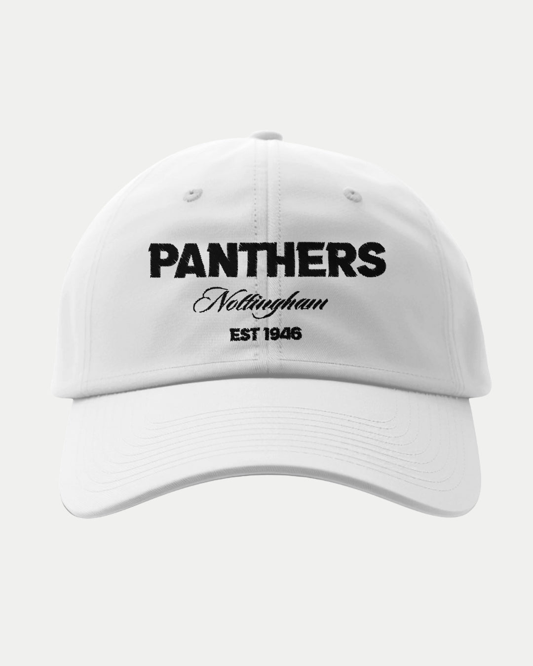 The Made-To-Order Panthers Est 1946 Fitted Baseball Cap in white by Nottingham Panthers features bold black embroidery—PANTHERS, script Nottingham, and EST 1946—making it a standout structured cap for any fan.