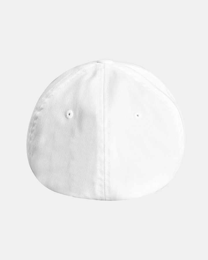 The Made-To-Order Panthers Est 1946 Fitted Baseball Cap White by Nottingham Panthers is a structured white athletic cap, shown from the back with two ventilation holes and simple stitching against a light gray background.